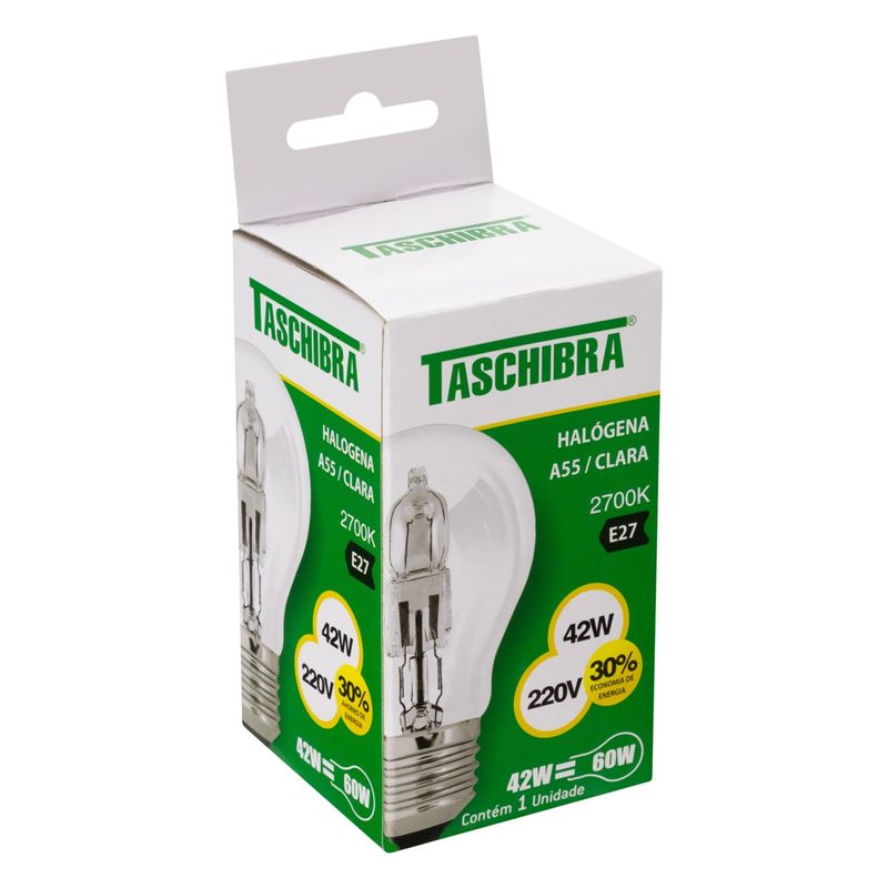 Lampada-Halogena-A55-Clara-Taschibra-2700K-42W-220VAngularEsquerda2