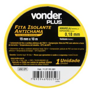 Fita Isolante Antichama Amarela Vonder 19mm x 10m