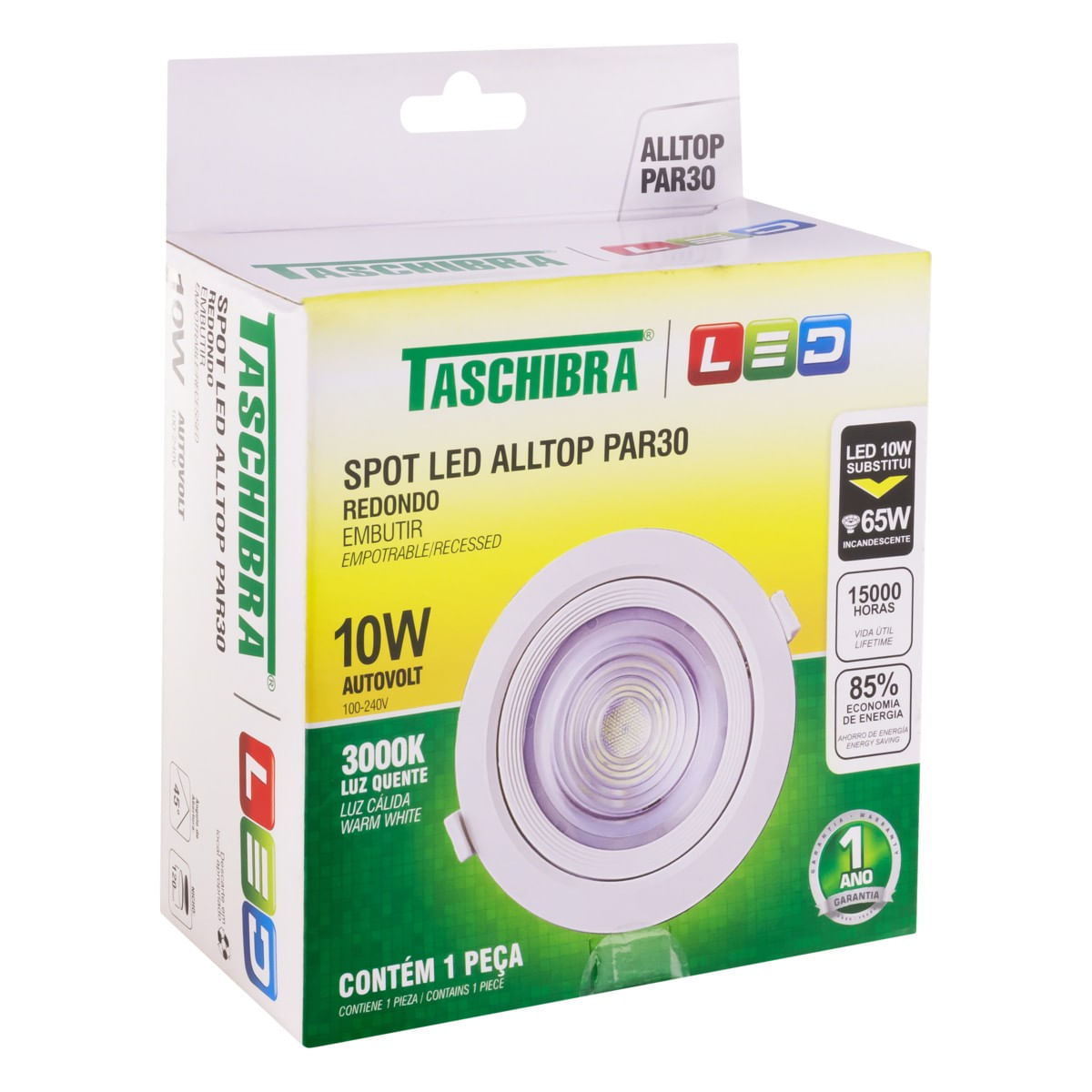 SpotLeddeEmbutirRedondoBrancoTaschibra10W3000KAutovoltAngularEsquerda3