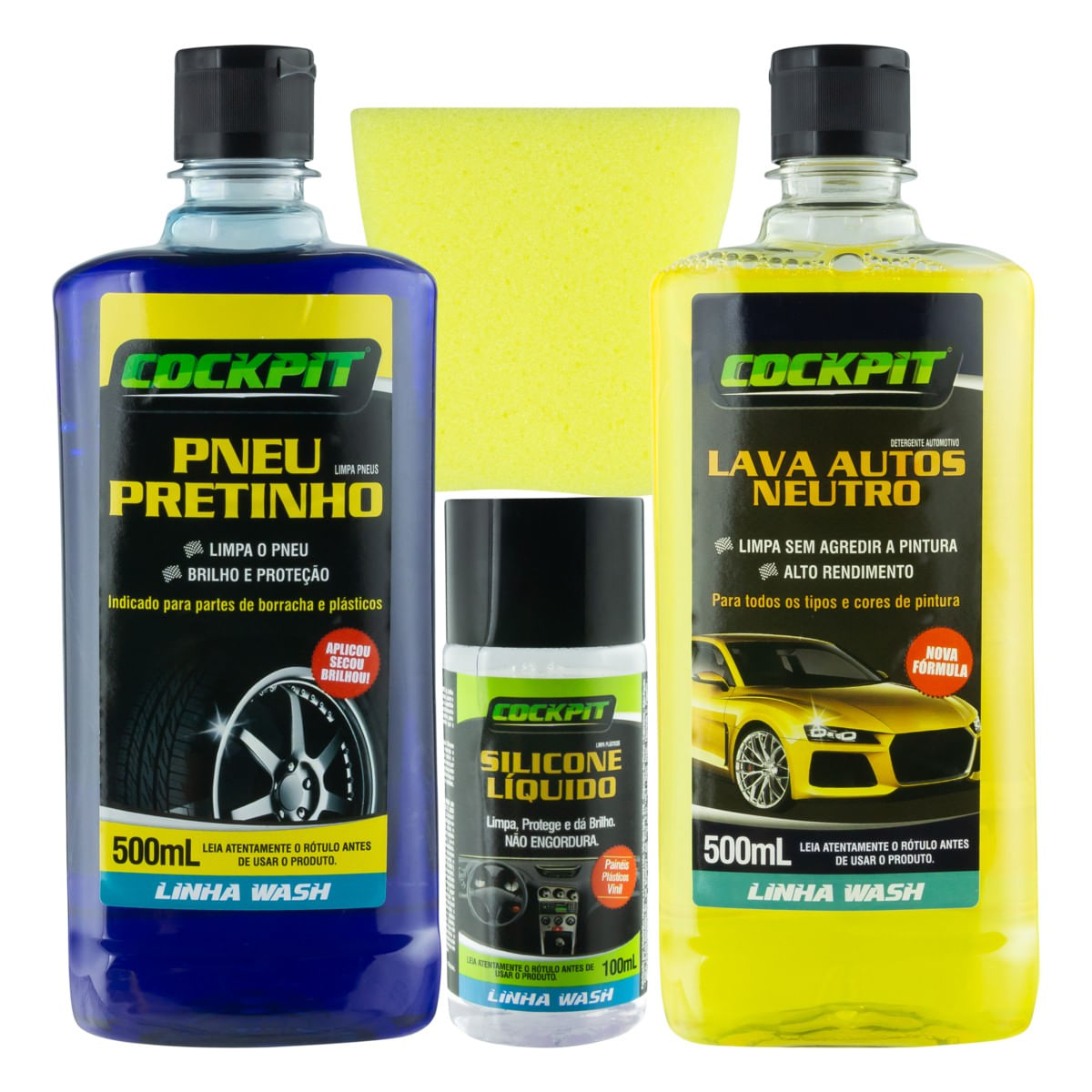 KitPretinho500ml+LavaAutosNeutro500ml+Silicone100mlCockpitFrontal1