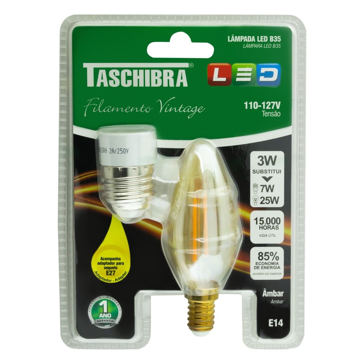 LâmpadaLedFilamentoB35Taschibra3WAutovoltFrontal3