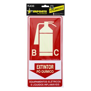 Placa de Sinalização Fotoluminescente Extintor BC Pó Químico Imports 15cm x 30cm