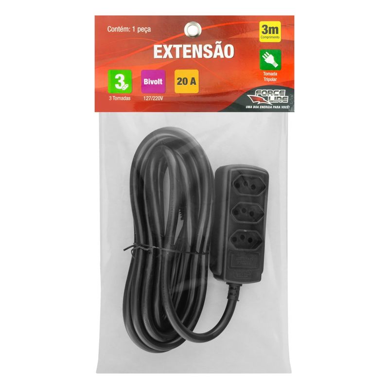 Extensao-Tripolar-3-Tomadas-Preta-Force-Line-5m-20AFrontal2