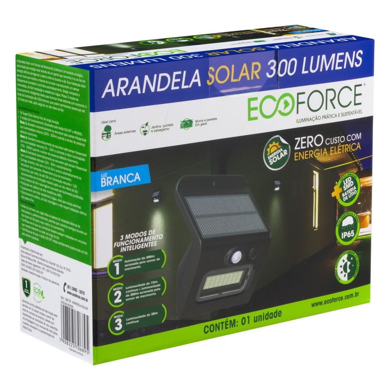 Arandela-de-Led-Solar-Preta-Ecoforce-3W-6500KEmbalagemAngularEsquerda3