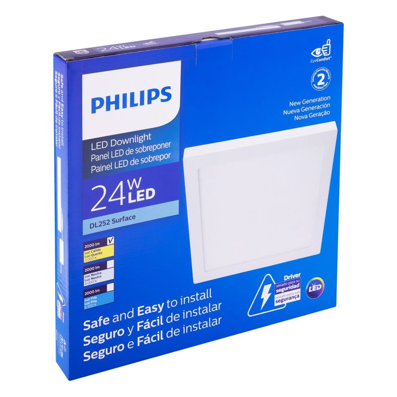 Painel-Led-de-Sobrepor-Branco-Quadrado-Philips-24W-3000KEmbalagemAngularEsquerda3