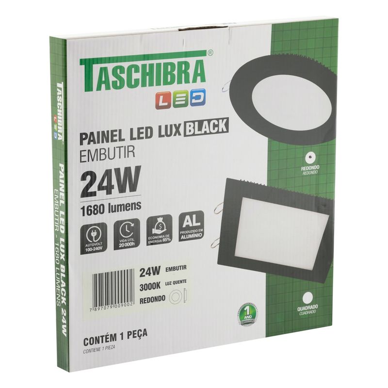 Painel-Led-de-Embutir-Preto-Redondo-Taschibra-Lux-24W-3000K-AutovoltEmbalagemAngularEsquerda3