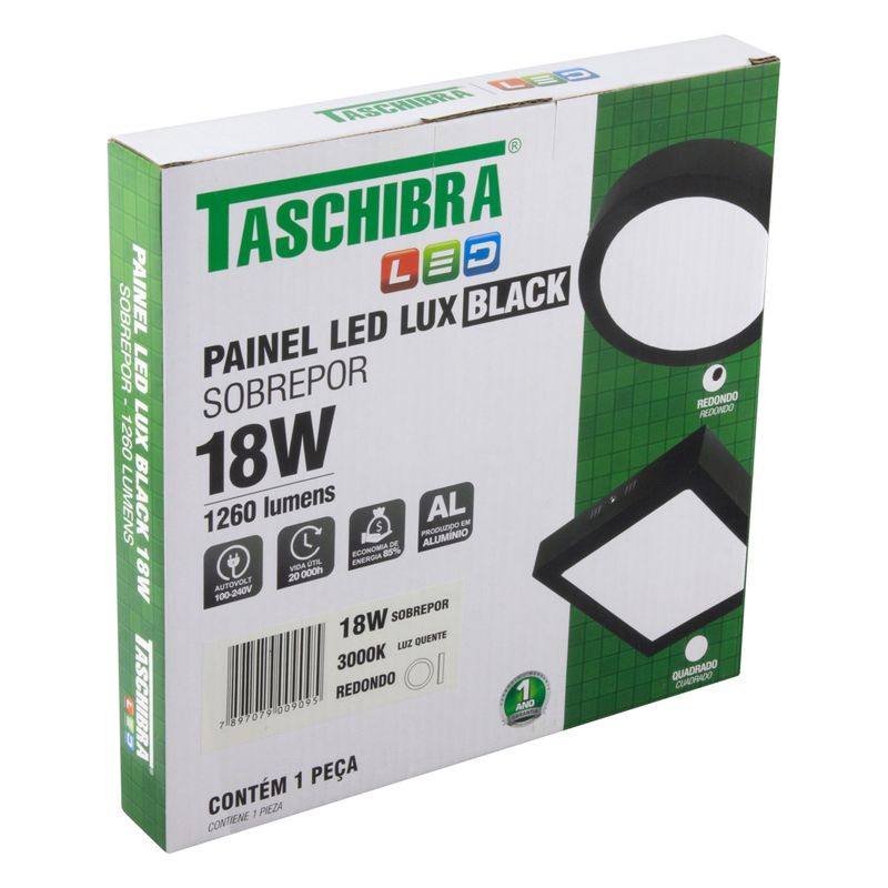 Painel-Led-de-Sobrepor-Preto-Redondo-Taschibra-Lux-18W-3000KEmbalagemAngularEsquerda3