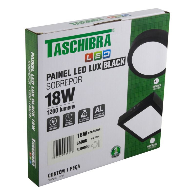 Painel-Led-de-Sobrepor-Preto-Redondo-Taschibra-Lux-18W-6500KEmbalagemAngularEsquerda3