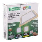 Painel-Led-de-Embutir-Branco-Quadrado-Taschibra-Dual-6W-6500K---3W-3000KEmbalagemAngularEsquerda3