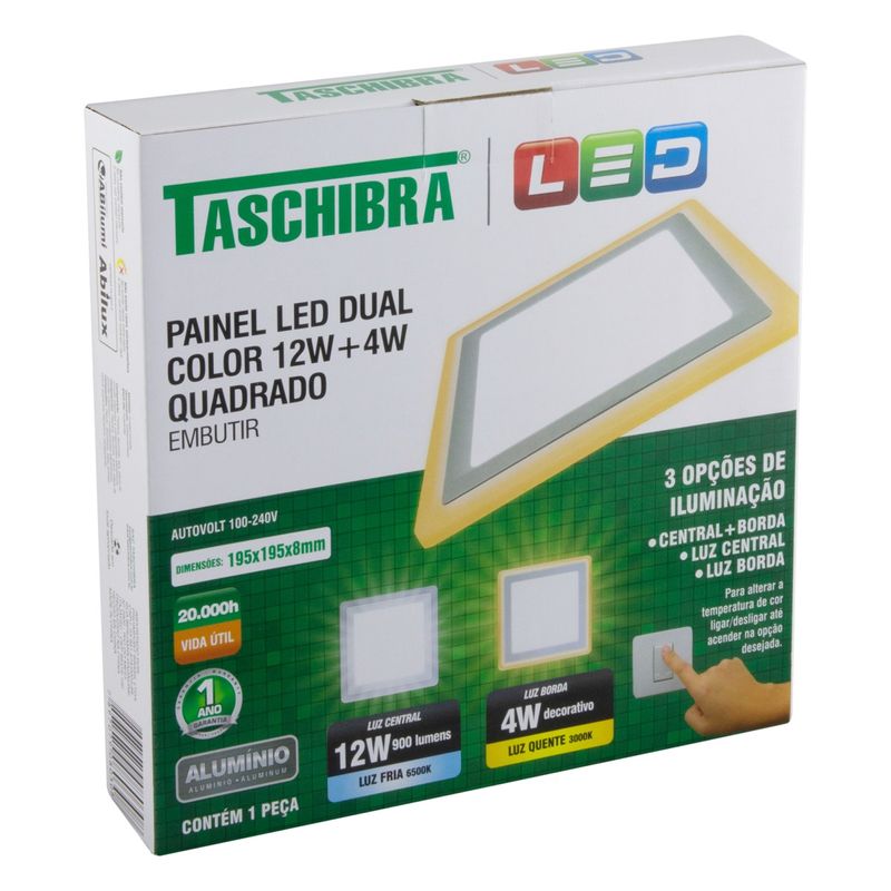 Painel-Led-de-Embutir-Branco-Quadrado-Taschibra-Dual-12W-6500K---4W-3000KEmbalagemAngularEsquerda3