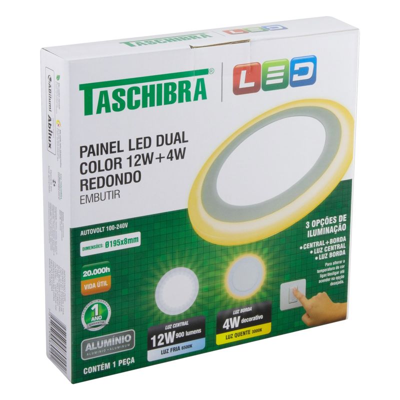 Painel-Led-de-Embutir-Branco-Redondo-Taschibra-Dual-12W-6500K---4W-3000KEmbalagemAngularEsquerda3