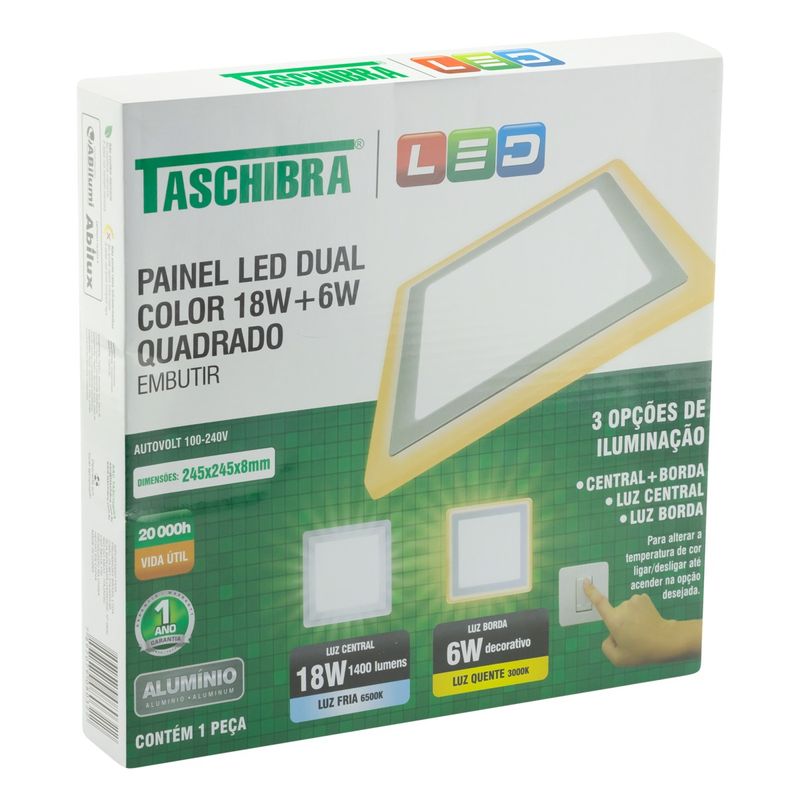 Painel-Led-de-Embutir-Branco-Quadrado-Taschibra-Dual-18W-6500K---6W-3000KAngularEsquerda3