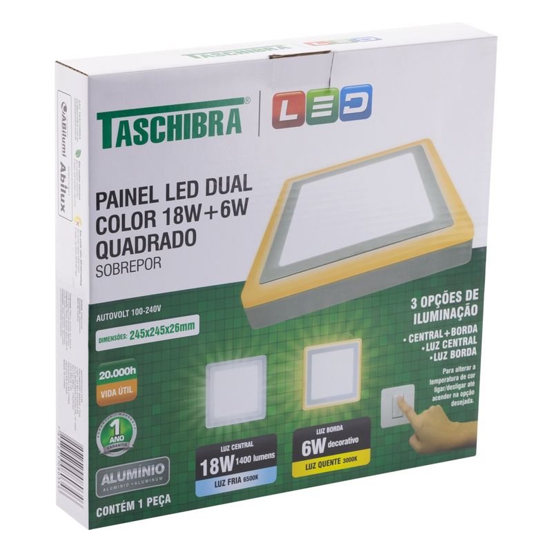 Painel-Led-de-Sobrepor-Branco-Quadrado-Taschibra-Dual-18W-6500K---6W-3000KEmbalagemAngularEsquerda3