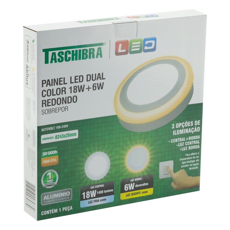 Painel-Led-de-Sobrepor-Branco-Redondo-Taschibra-Dual-18W-6500K---6W-3000WAngularEsquerda3