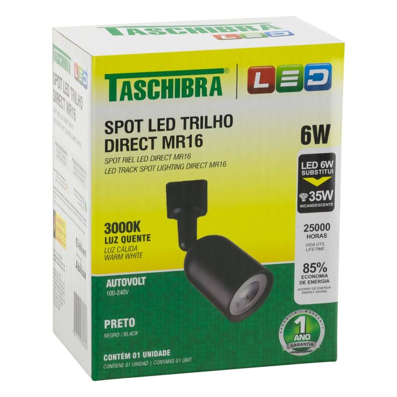 Spot-de-Led-para-Trilho-Preto-Taschibra-Direct-6W-3000KEmbalagemAngularEsquerda3