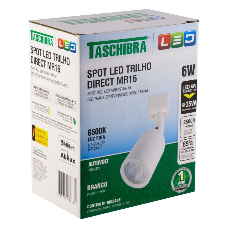 Spot-de-Led-para-Trilho-Branco-Taschibra-Direct-6W-3000KEmbalagemAngularEsquerda3