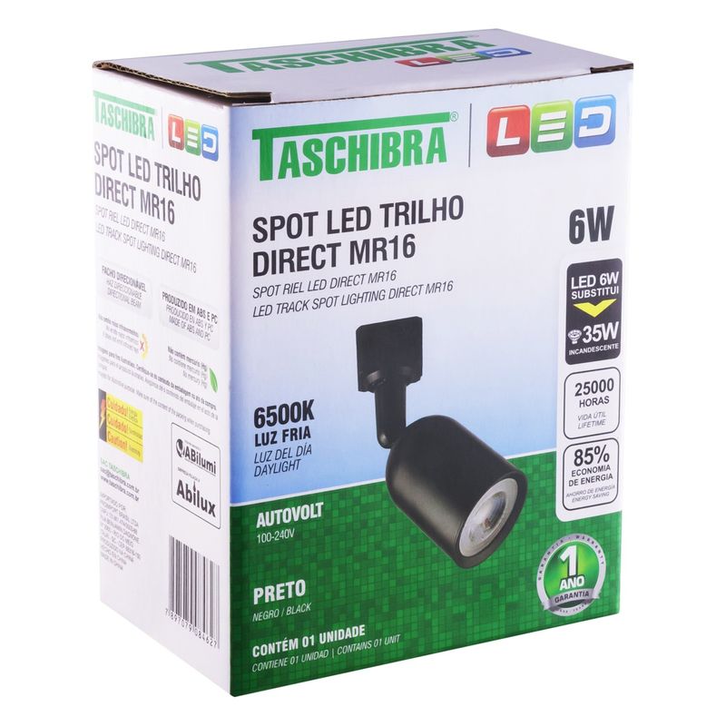 Spot-de-Led-para-Trilho-Preto-Taschibra-Direct-6W-6500KEmbalagemAngularEsquerda3