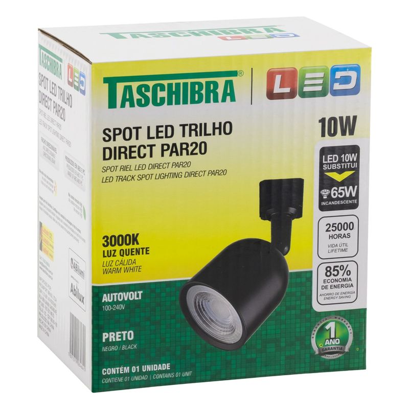 Spot-de-Led-para-Trilho-Preto-Taschibra-Direct-10W-3000KEmbalagemAngularEsquerda3