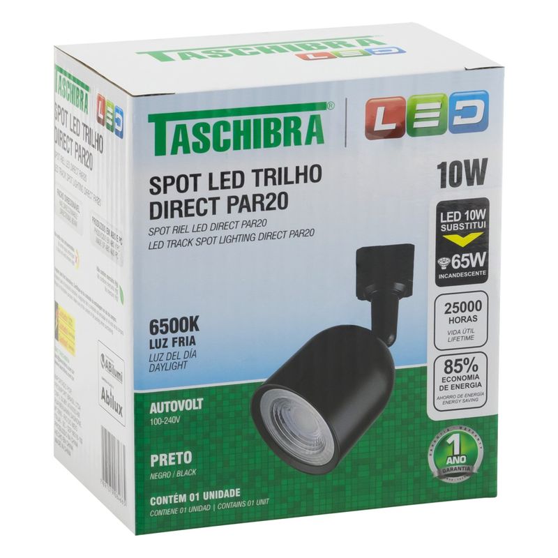 Spot-de-Led-para-Trilho-Preto-Taschibra-Direct-10W-6500KEmbalagemAngularEsquerda3