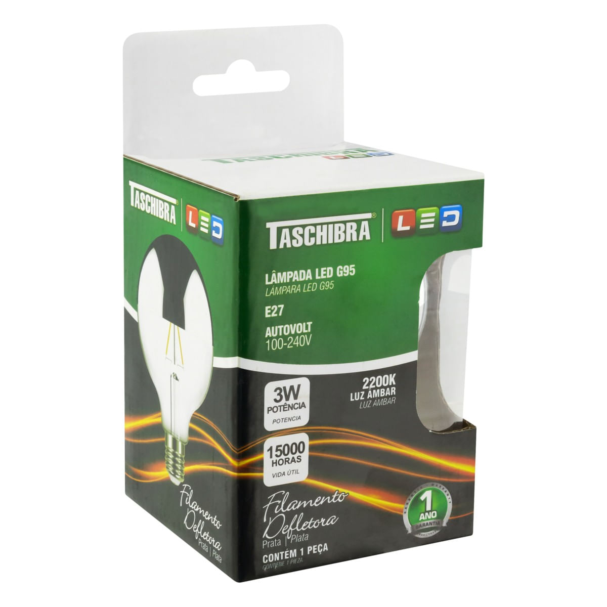 LâmpadadeLedG95FilamentoDefletoraÂmbarTaschibra3W2200WAutovoltEmbalagemAngularEsquerda2