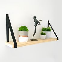 Prateleira Pinus com Tiras de Couro Preta DiCarlo 40cm x 20cm