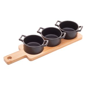 Petisqueira de Porcelana com 3 Potes Preto Wolff com Suporte de Bambu