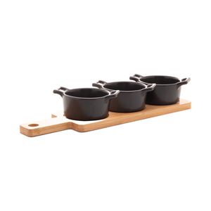 Petisqueira de Porcelana com 3 Potes Preto Wolff com Suporte de Bambu