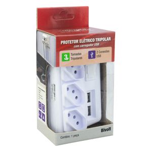 Filtro de Linha Branco 3 Tomadas 3 Pinos + 2 USB Force Line 10A