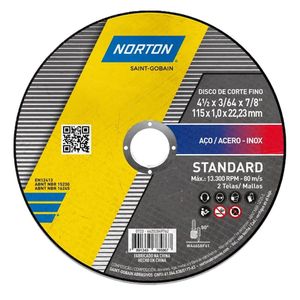 Disco de Corte Standard para Aço Inox Norton 115mm x 1mm x 22,23cm