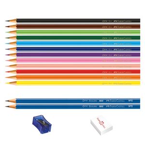 Kit Lápis de Cor com 12 cores + Borracha + Apontador + Lápis Grafite 16 peças Faber Castell