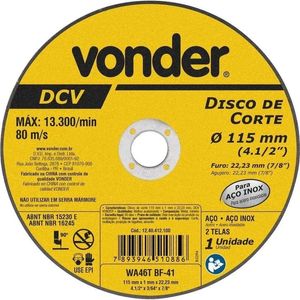 Disco de Corte para Aço Carbono e Inox Vonder 115mm x 1,6mm