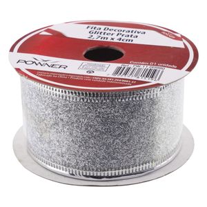 Fita Decorativa de Natal Prata com Glitter Powner 4cm x 2,7m