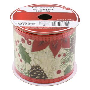 Fita Decorativa de Natal Flor Vermelha Powner 6cm x 3m