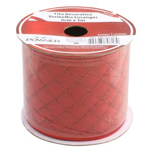 Fita Decorativa de Natal Losangos Vermelha Powner 6cm x 3m