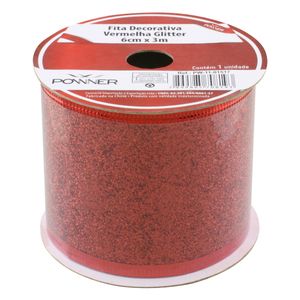 Fita Decorativa de Natal Vermelha com Glitter Powner 6cm x 3m