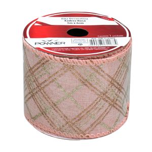 Fita Natalina Xadrez Rosa Powner 6cm x 3m