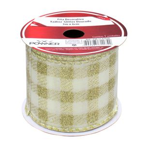 Fita Natalina Xadrez Dourada com Glitter Powner 6cm x 3m