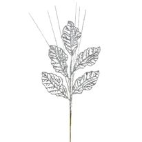 Galho de Folhas Magizi Prata com Glitter com 30cm