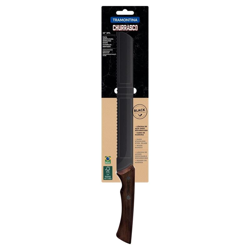 FacaSerrilhadaBlackemAcoInoxEscurecidocomCabodeMadeiraTramontinaChurrasco10``-140078