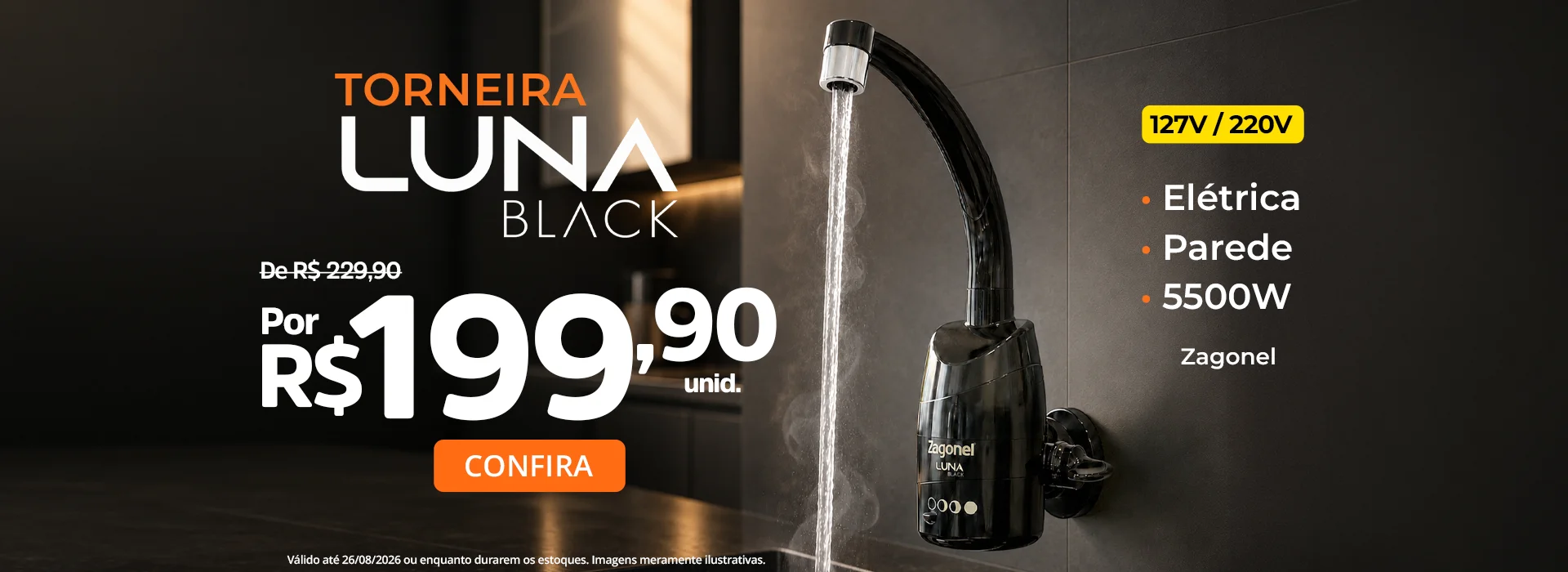 Torneira Elétrica de Parede Luna 4T Preta Zagonel 5500W